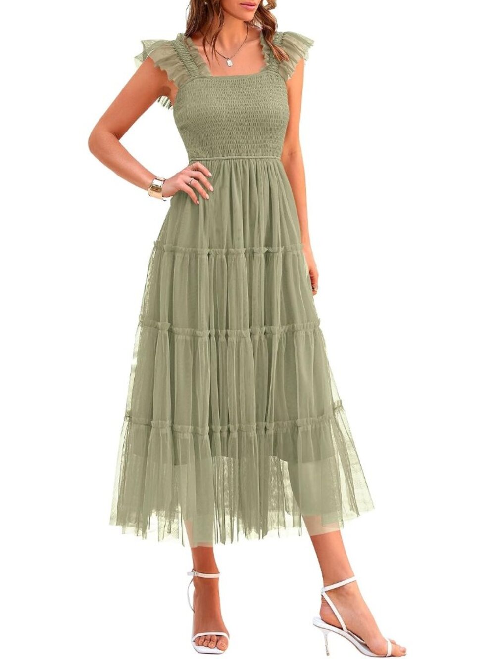 Women's Light Green Smocked Sleeveless Square Neck A Line Wedding Midi Dresses